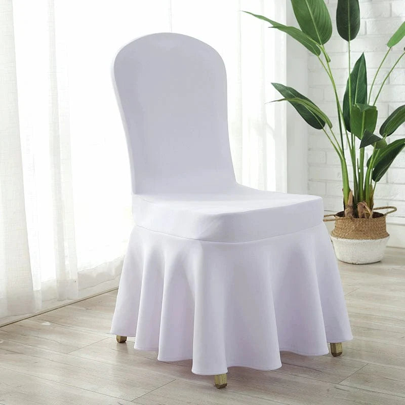 White Chinese Poetry Heavenly Silk thickened air layer chair cover with elastic edges, suitable for conference, hotel, or restaurant use.
