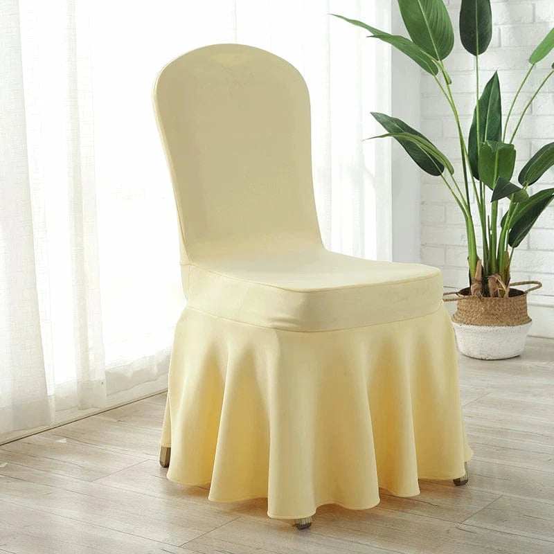 White thickened silk Chinese poetry air layer chair cover with elastic edges, suitable for hotel, banquet, or home use.