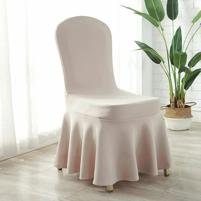 White silk air layer chair cover with elastic edge, designed for hotel, restaurant, or home use, adding elegant protection to conference chairs.