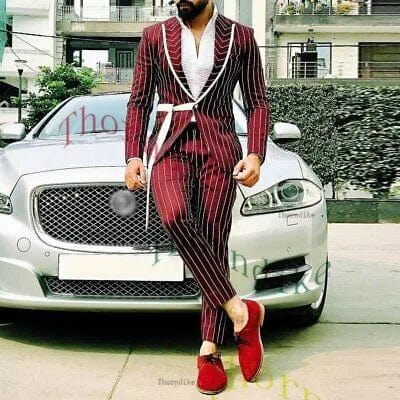Thorndike Burgundy Stripe Slim Fit Men’s Suit, 2-piece groom tuxedo with peaked lapels, perfect for weddings and formal events.