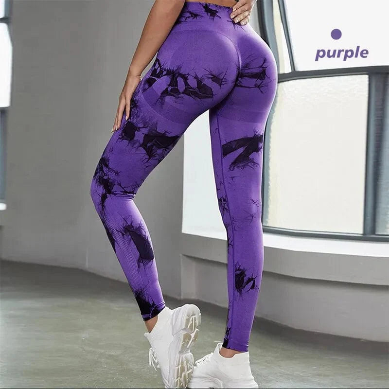 Showlu Tie Dye Seamless Leggings for women, high waist yoga pants with scrunch butt design, elastic fit, and vibrant tie-dye pattern.