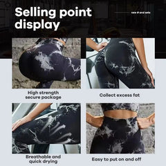 A four-panel display showing women wearing black and white tie-dye high-waisted yoga leggings.