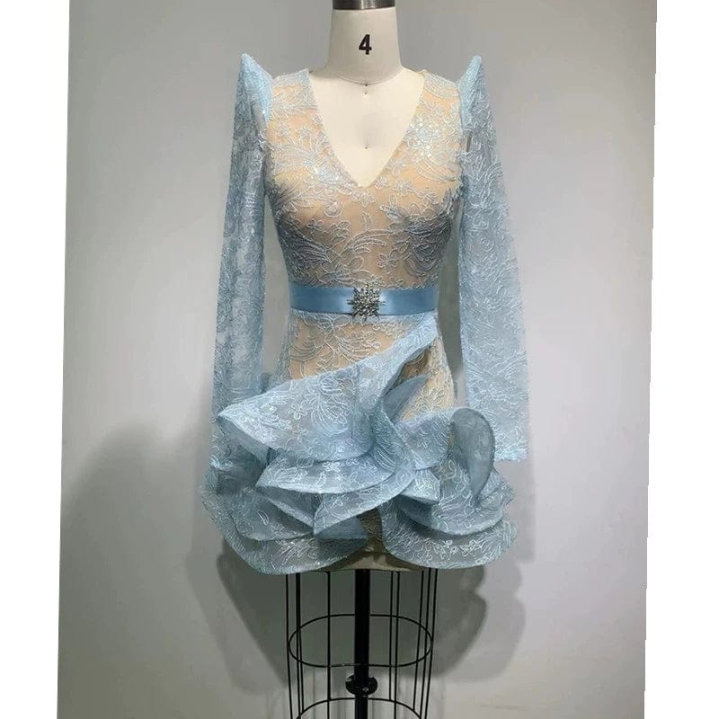 SHOWLU V-neck long-sleeve ice silk casual dress with slim fit and mid-skirt design, perfect for stylish, comfortable wear.