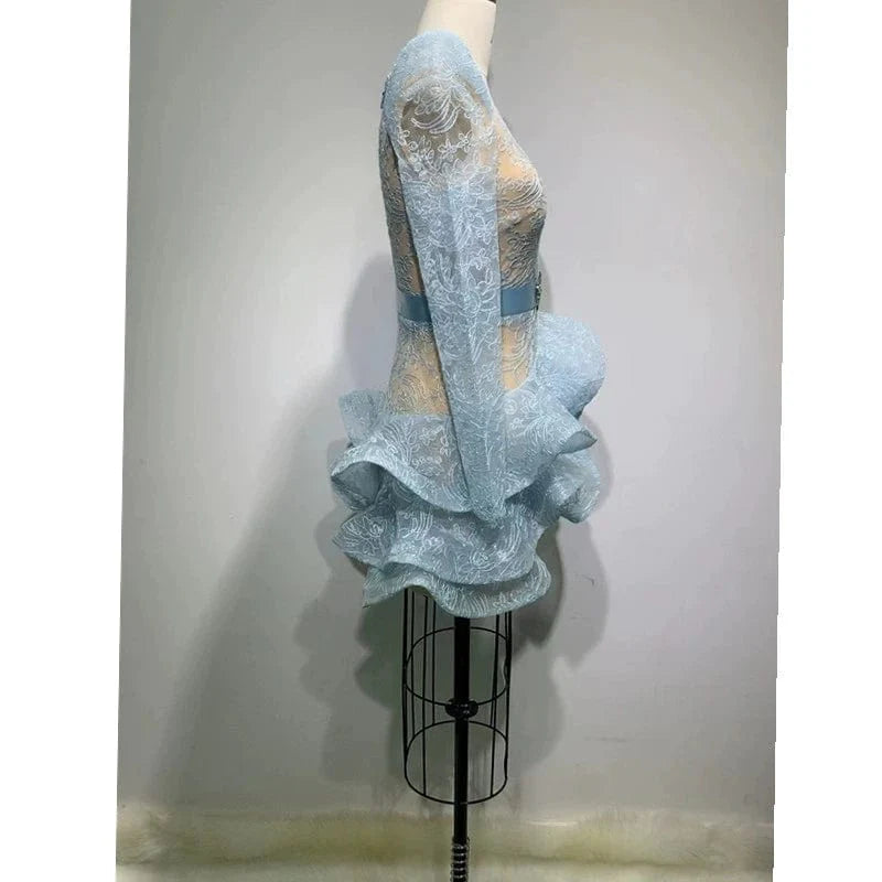 SHOWLU V-neck long-sleeve ice silk slim-fit casual dress with mid-skirt design, perfect for stylish everyday wear