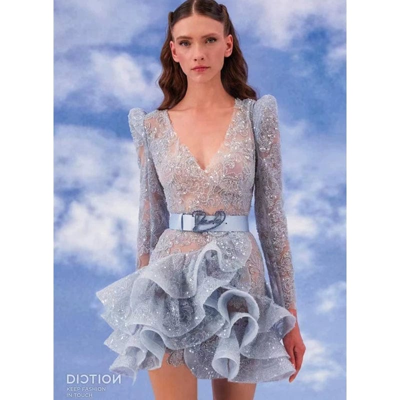 SHOWLU V-neck long-sleeve ice silk slim-fit casual dress with a mid-skirt design, perfect for stylish everyday wear.