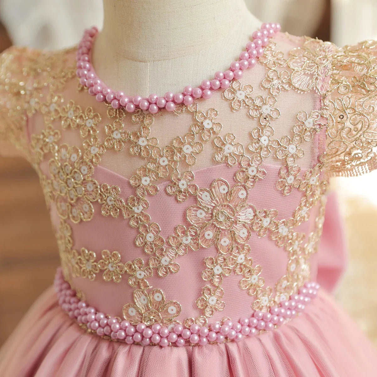 Baby girls lace embroidery beading dress for first birthday or baptism, featuring princess-style design and luxurious detailing.