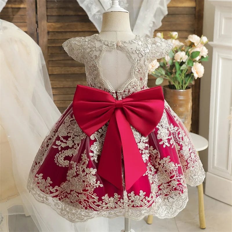 Toddler girl in white lace embroidery and beading dress for first birthday or baptism, princess-style luxury party outfit by Showlu Fashion