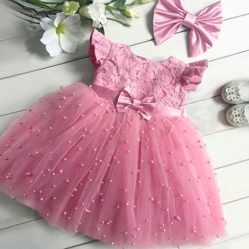 Toddler girl wearing a Showlu Fashion lace embroidery beading dress for 1st birthday or baptism, with a princess-style design.