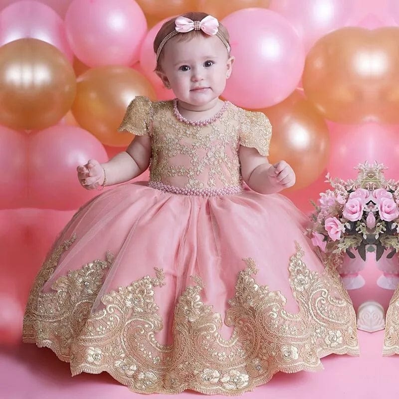 Baby girls lace embroidery beading dress for first birthday or baptism, featuring princess style and luxurious details.
