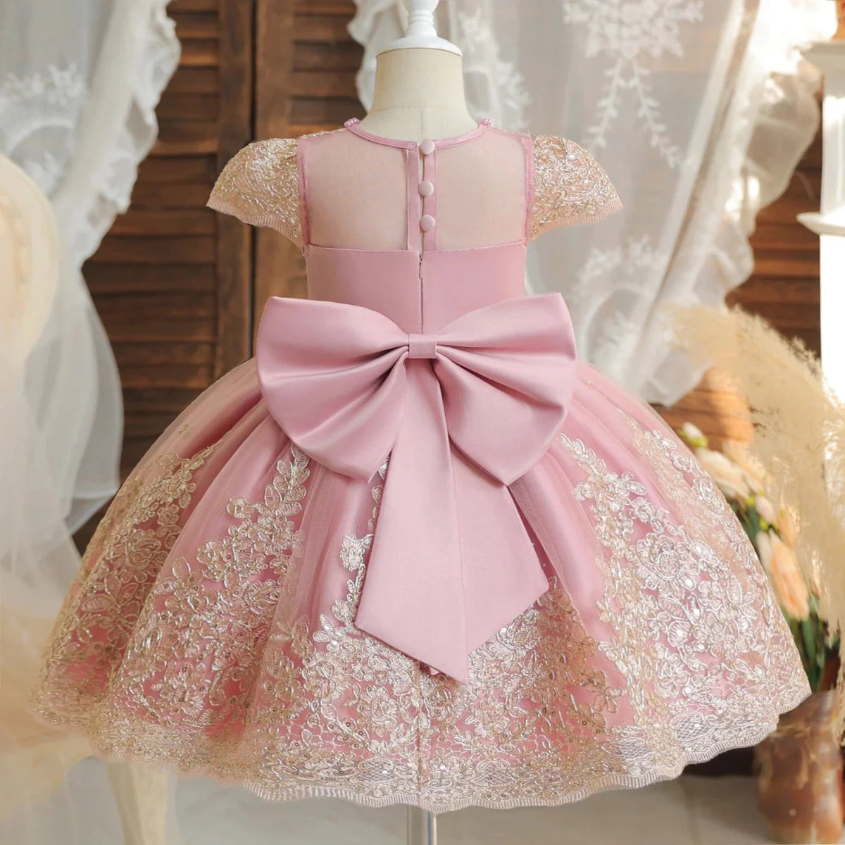 Baby girls lace embroidery beading dress for 1st birthday or baptism, featuring luxurious details and a princess-style design.