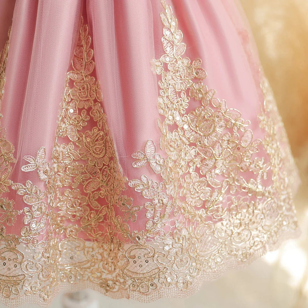 Toddler girl wearing a Showlu Fashion lace embroidery beading dress for 1st birthday or baptism celebration, featuring luxurious embroidery.