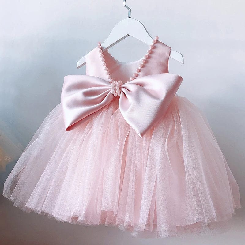 Baby girls' baptism dress with a large bow, princess style, for special occasions like birthdays, weddings, and parties.