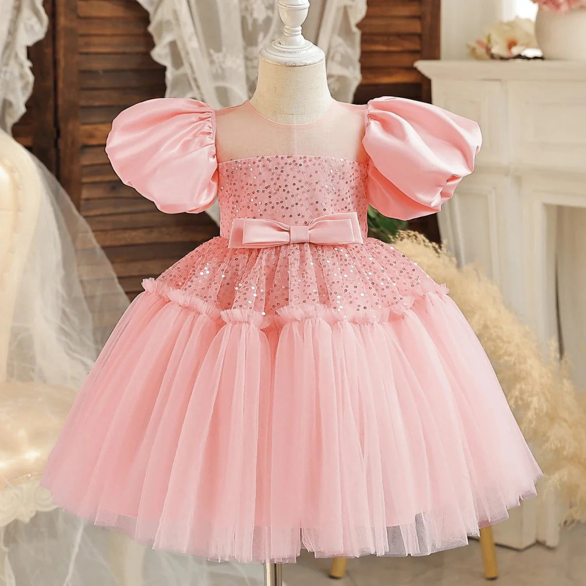 Toddler girl blue beaded tutu gown with V-back and bow, perfect for birthday parties, made of tulle and suitable for ages 1-5.
