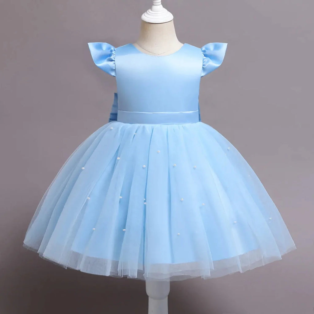 Toddler girl blue beaded tutu gown with V-back and bow, tulle fabric, perfect for birthday parties and special occasions.