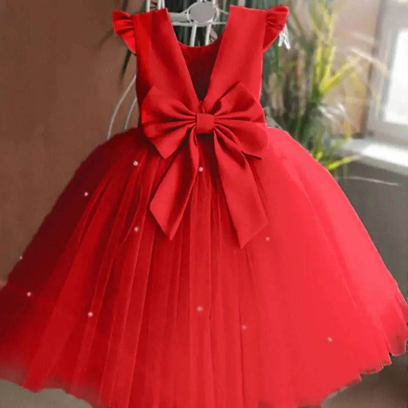 Toddler girl blue beaded tutu gown with V-back and bow, suitable for birthday parties and special occasions, by Showlu Fashion.