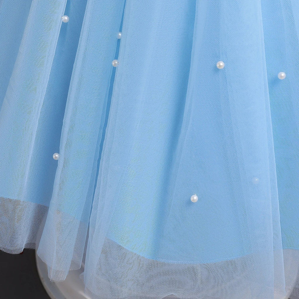 Toddler girl blue beaded tutu gown with V-back and bow, suitable for birthday parties, made of tulle for ages 1-5.