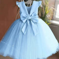 Toddler girl blue beaded tutu gown with v-back and bow, suitable for birthday parties and special occasions, by Showlu Fashion Store.