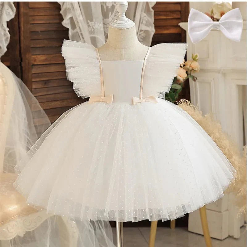 Toddler girl princess ball gown for first communion, sleeveless, elegant formal dress with floral accents, by Showlu Fashion Store.