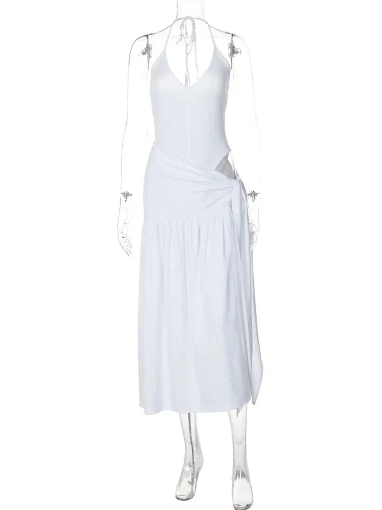 Tossy Women's 2-piece white lace-up V-neck pleated skirt set featuring a high-waist bandage design and fashionable style.