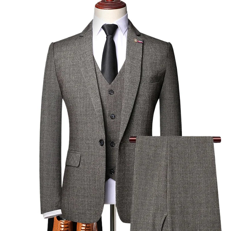 Elegant men's slim fit 3-piece suit with blazer, vest, and pants, perfect for business or wedding occasions by SHOWLU FASHION STORE.