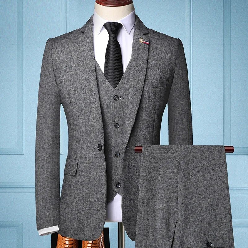 Elegant men's slim fit 3-piece suit with blazer, vest, and pants, ideal for business and formal occasions by SHOWLU FASHION STORE.