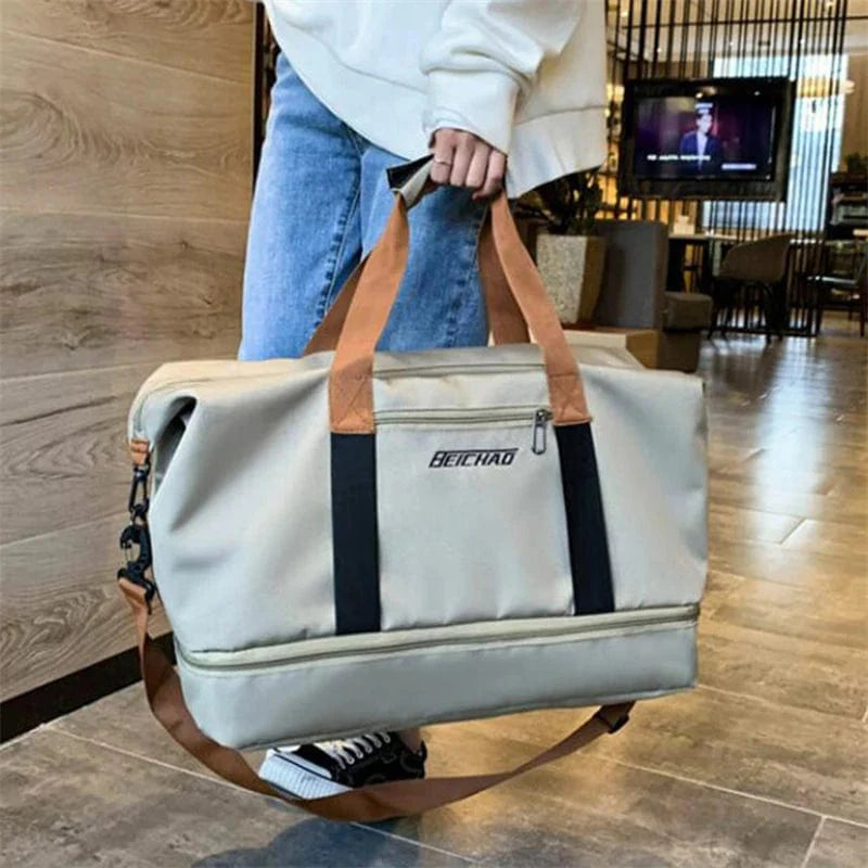 Large capacity LKEEP Oxford travel duffle bag with dry-wet separation, suitable for men and women, ideal for short-distance travel and sports.