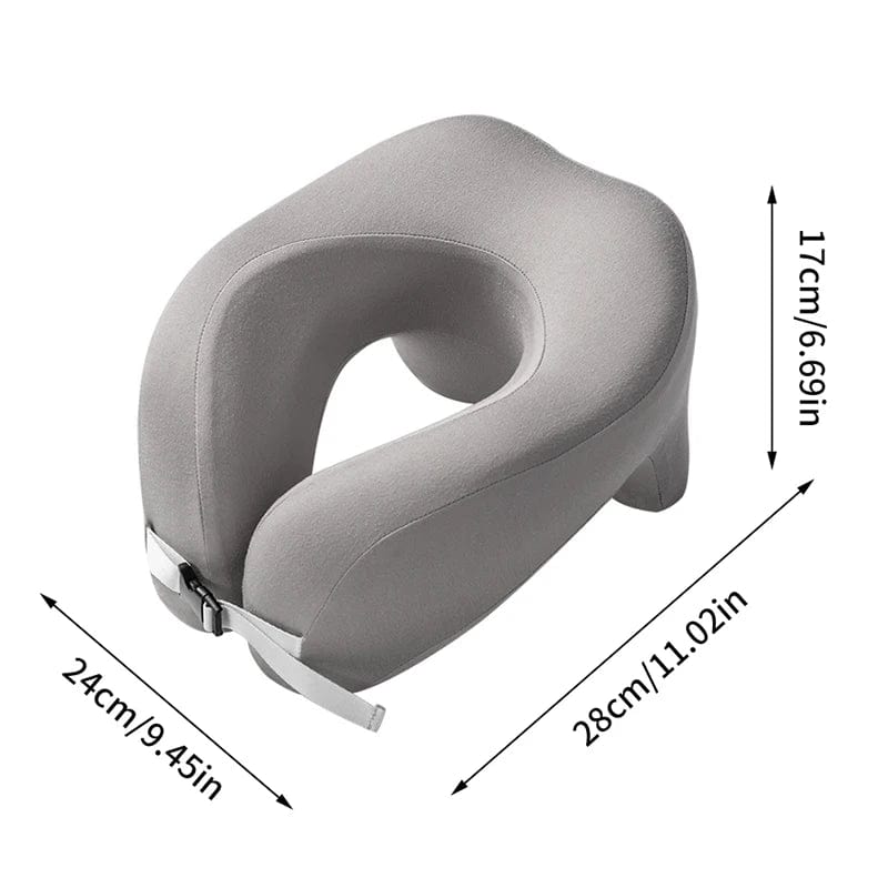 Showlu U-shape memory foam travel neck pillow supporting head and neck for airplane travel and office naps.