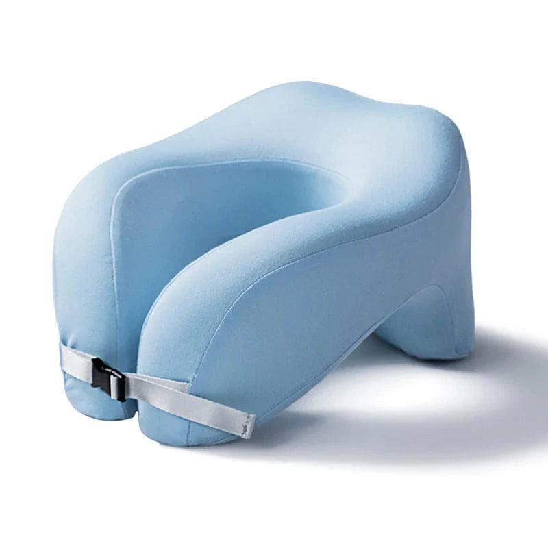 Showlu U-shape memory foam travel neck pillow supporting head and neck during airplane or office naps for comfortable sleep.