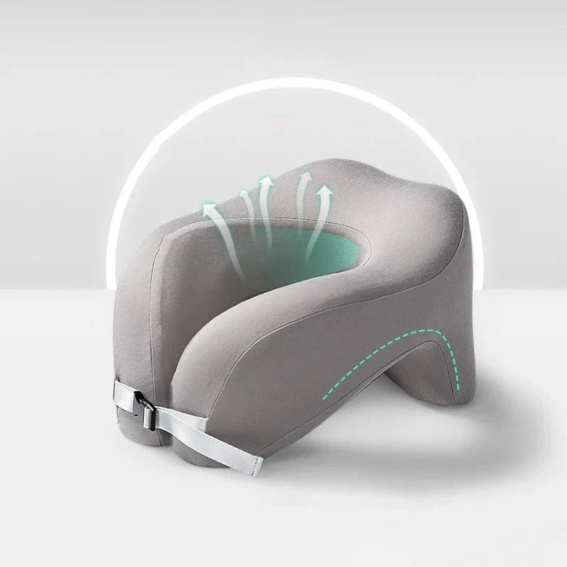 Showlu U-Shape Memory Foam Travel Neck Pillow providing neck support for airplane travel and relaxing naps.