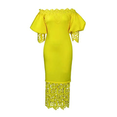 Trend Fashion Lace Midi Dress Women Slash Collar Short Sleeve Stitching Off - Neck Dress High Waist Solid Color Bodycon Sexy Dress - SHOWLU FASHION STORE