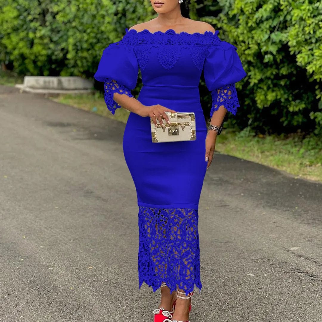 Trend Fashion Lace Midi Dress Women Slash Collar Short Sleeve Stitching Off - Neck Dress High Waist Solid Color Bodycon Sexy Dress - SHOWLU FASHION STORE