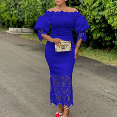 Trend Fashion Lace Midi Dress Women Slash Collar Short Sleeve Stitching Off - Neck Dress High Waist Solid Color Bodycon Sexy Dress - SHOWLU FASHION STORE