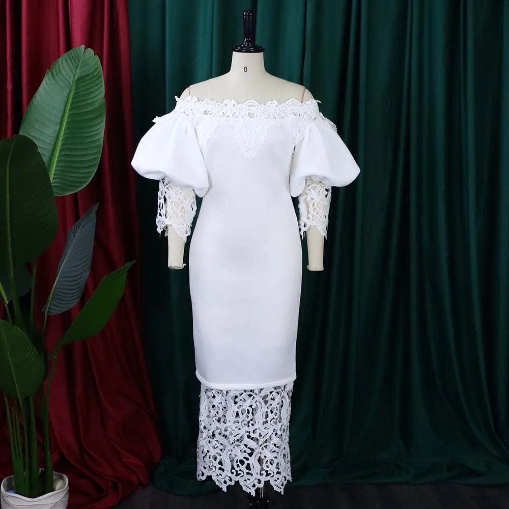 Trend Fashion Lace Midi Dress Women Slash Collar Short Sleeve Stitching Off - Neck Dress High Waist Solid Color Bodycon Sexy Dress - SHOWLU FASHION STORE