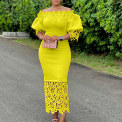 Trend Fashion Lace Midi Dress Women Slash Collar Short Sleeve Stitching Off - Neck Dress High Waist Solid Color Bodycon Sexy Dress - SHOWLU FASHION STORE