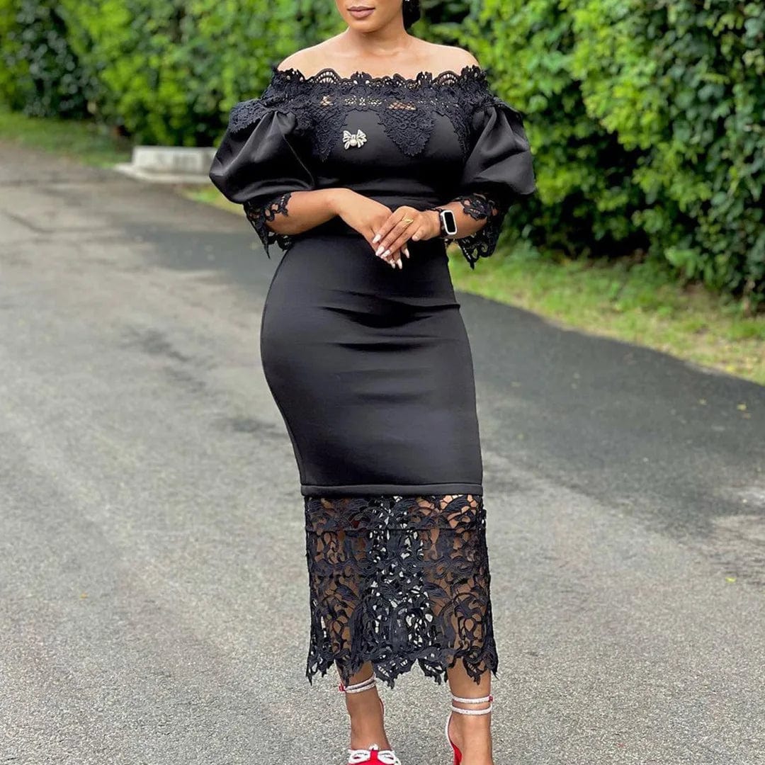 Trend Fashion Lace Midi Dress Women Slash Collar Short Sleeve Stitching Off - Neck Dress High Waist Solid Color Bodycon Sexy Dress - SHOWLU FASHION STORE