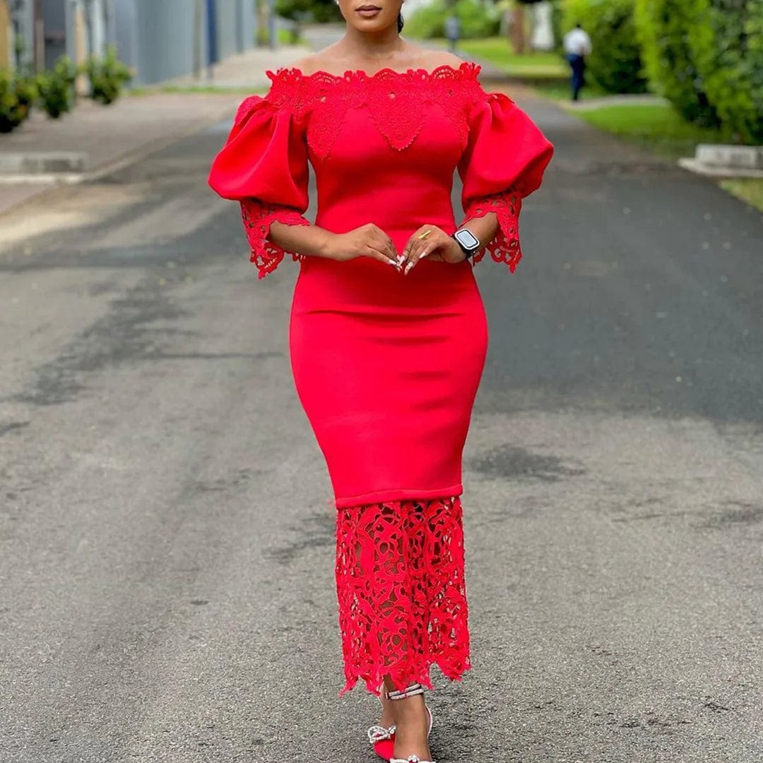 Trend Fashion Lace Midi Dress Women Slash Collar Short Sleeve Stitching Off - Neck Dress High Waist Solid Color Bodycon Sexy Dress - SHOWLU FASHION STORE