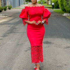 Trend Fashion Lace Midi Dress Women Slash Collar Short Sleeve Stitching Off - Neck Dress High Waist Solid Color Bodycon Sexy Dress - SHOWLU FASHION STORE