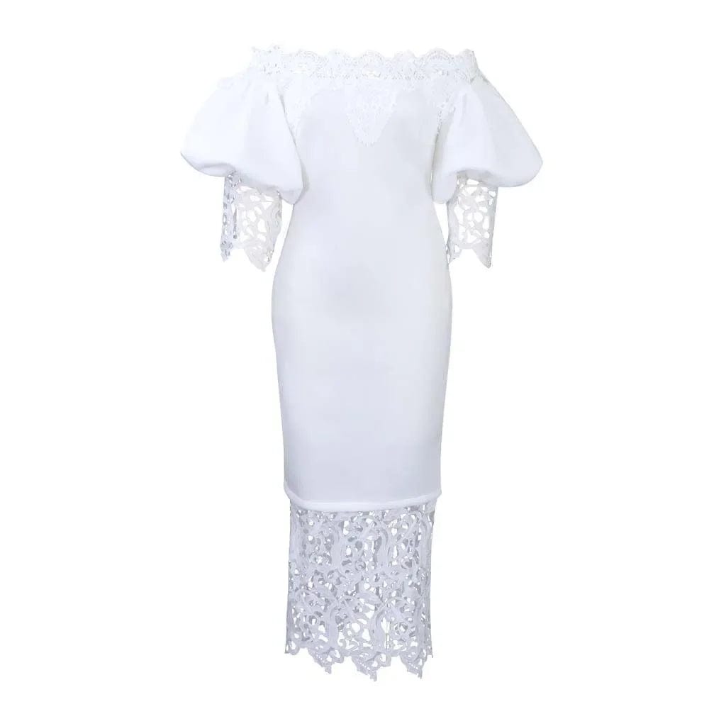 Trend Fashion Lace Midi Dress Women Slash Collar Short Sleeve Stitching Off - Neck Dress High Waist Solid Color Bodycon Sexy Dress - SHOWLU FASHION STORE