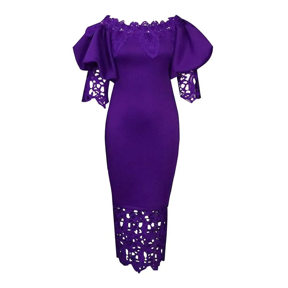 Trend Fashion Lace Midi Dress Women Slash Collar Short Sleeve Stitching Off - Neck Dress High Waist Solid Color Bodycon Sexy Dress - SHOWLU FASHION STORE