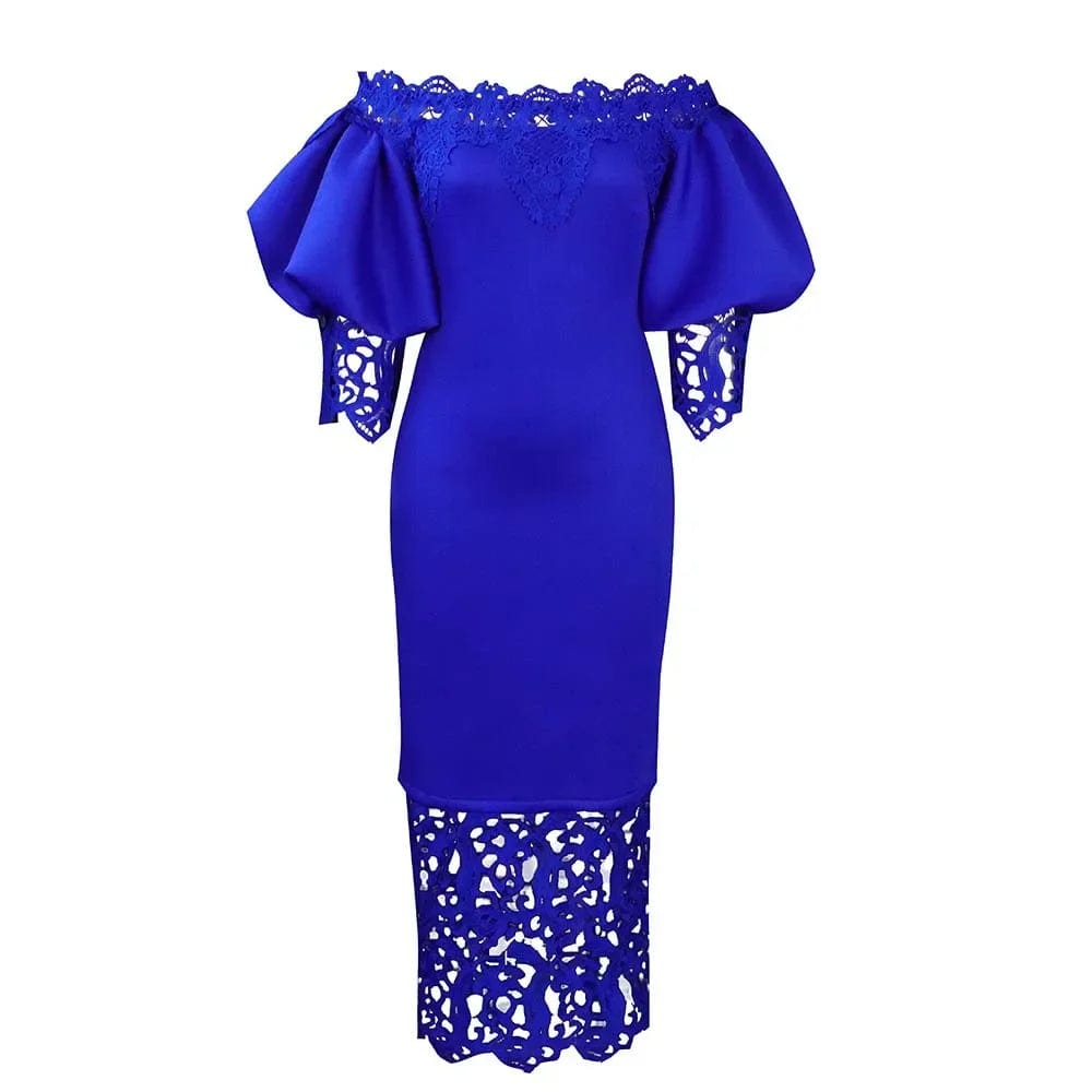 Trend Fashion Lace Midi Dress Women Slash Collar Short Sleeve Stitching Off - Neck Dress High Waist Solid Color Bodycon Sexy Dress - SHOWLU FASHION STORE