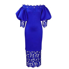 Trend Fashion Lace Midi Dress Women Slash Collar Short Sleeve Stitching Off - Neck Dress High Waist Solid Color Bodycon Sexy Dress - SHOWLU FASHION STORE
