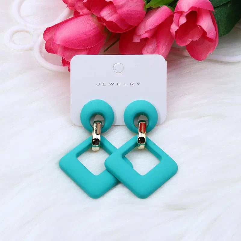KWHY Geometric Hollow Square Acrylic Dangle Earrings for Women in blue, white, and pink, featuring modern statement jewelry design
