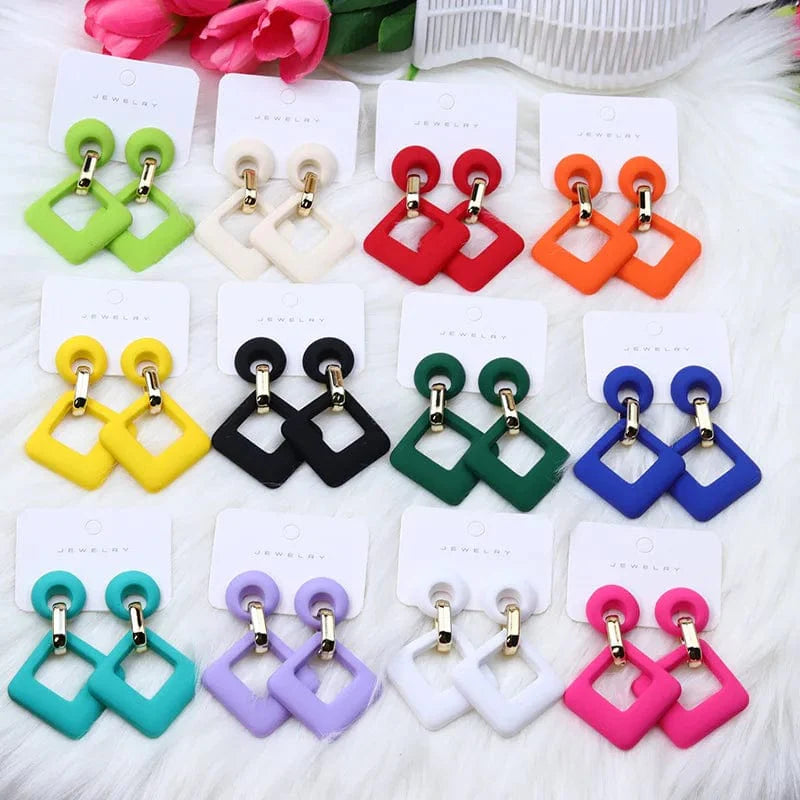 KWHY geometric hollow square acrylic dangle earrings for women, featuring trendy blue, white, and pink colors with statement style