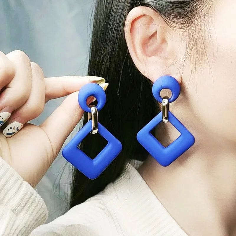 KWHY geometric hollow square acrylic dangle earrings for women in blue, white, and pink, featuring trendy Korean-inspired design.
