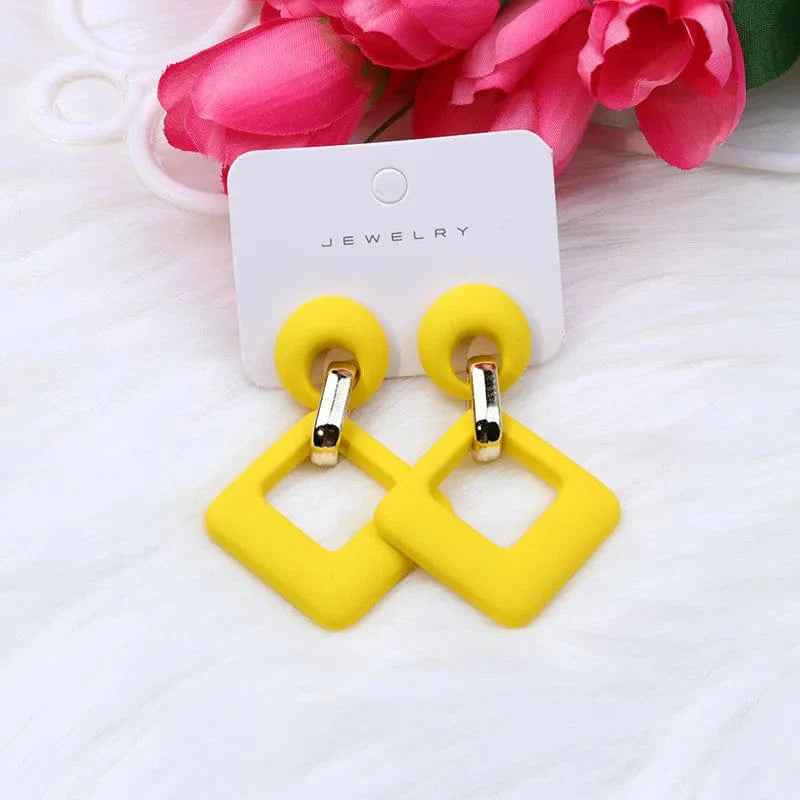 KWHY Geometric hollow square acrylic dangle earrings for women in blue, white, and pink, stylish statement jewelry.