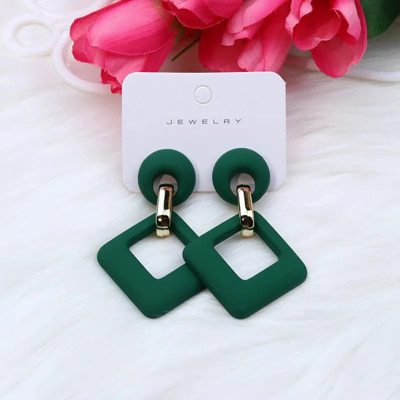 Blue, white, and pink geometric hollow square acrylic dangle earrings for women, stylish and trendy statement jewelry.
