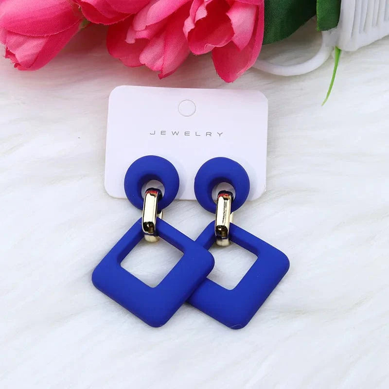 Blue, white, and pink geometric hollow square acrylic dangle earrings for women, stylish Korean-inspired jewelry by Showlu Fashion.