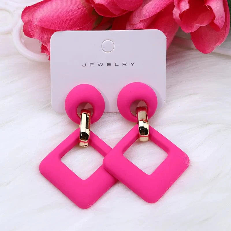 KWHY Geometric Hollow Square Acrylic Dangle Earrings for Women, featuring trendy blue, white, and pink colors and modern statement design