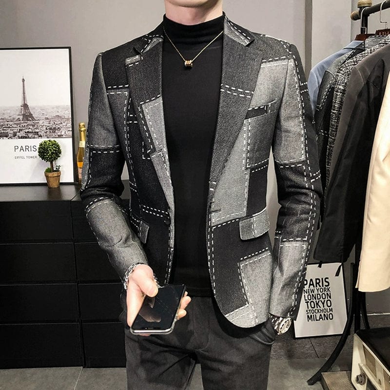 SHOWLU Men's slim-fit wool suit jacket in Korean style color block design, suitable for spring and autumn fashion.