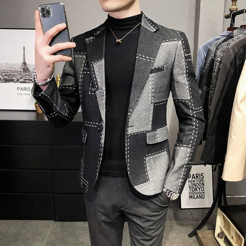 SHOWLU men's slim-fit wool suit jacket in Korean style with color block design, perfect for spring and autumn fashion.